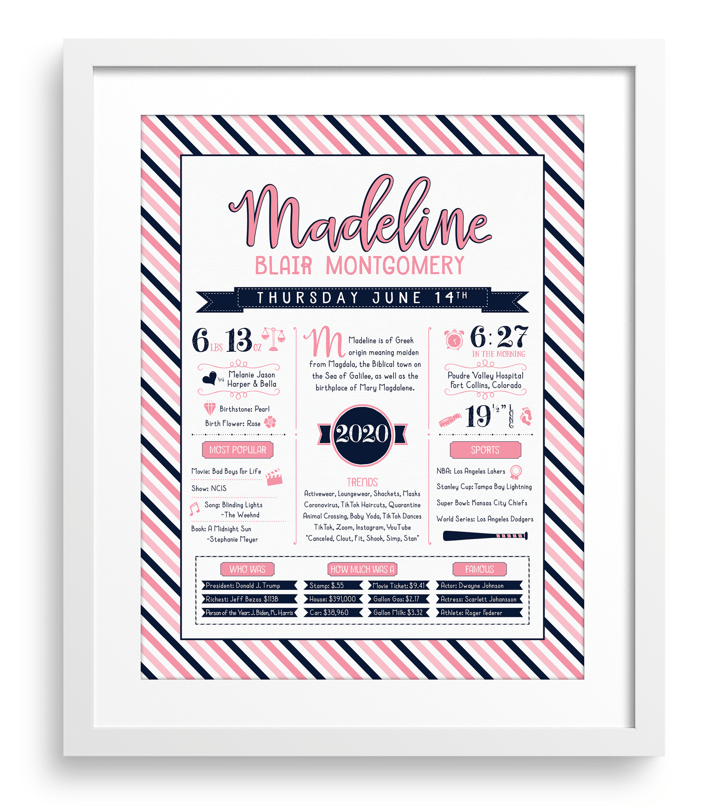 White Frame / Pink & Navy Print