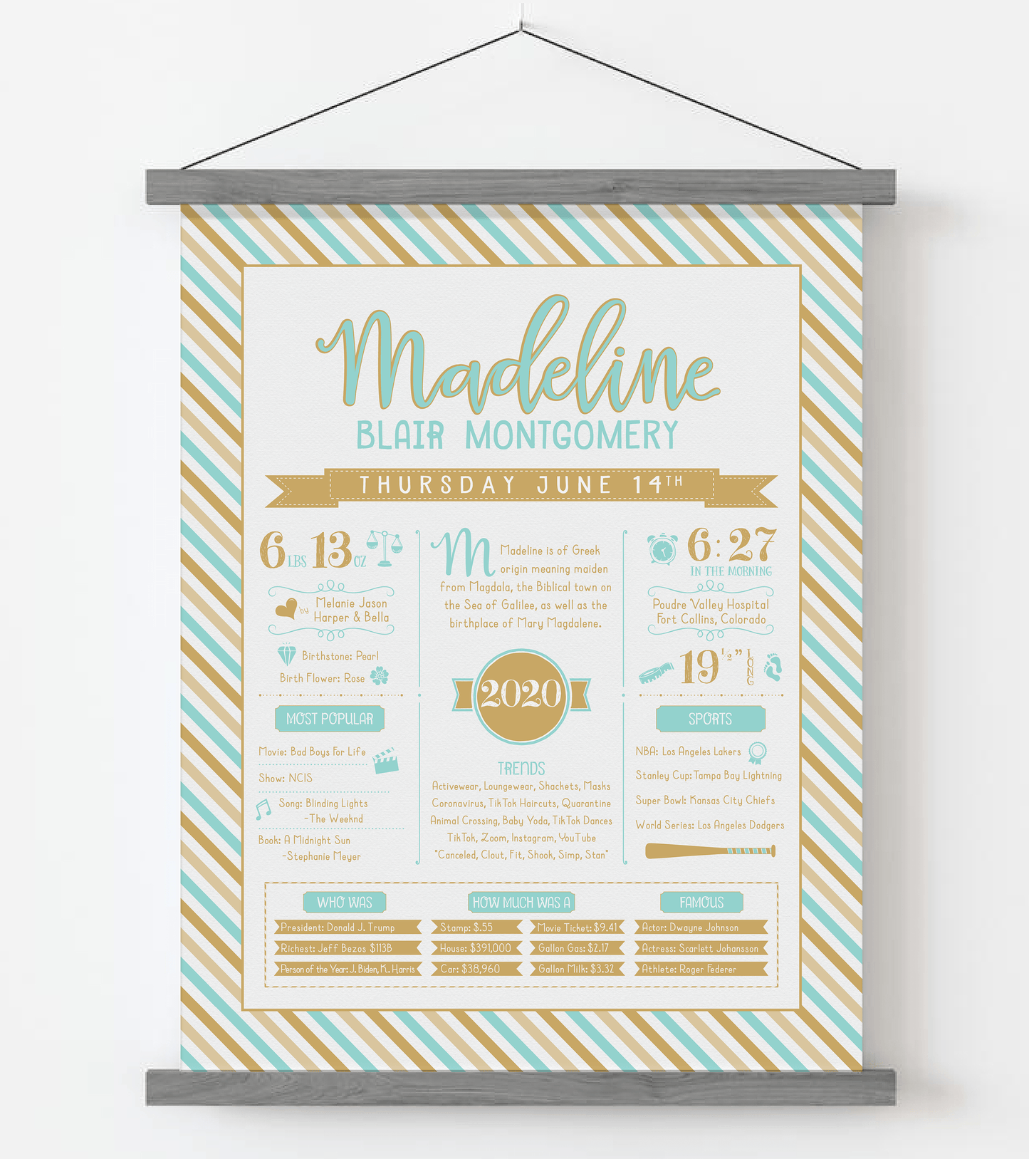 Gray Magnetic Frame / Aqua & Gold Print